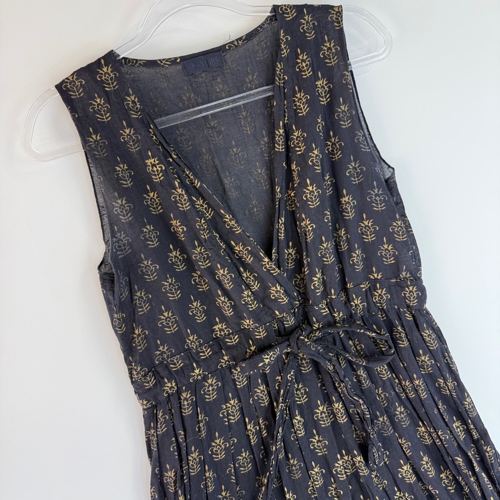 CP Shades Julia Dress Womens Small Navy Blue Gold Silk Cotton Block Print Midi - Picture 3 of 15